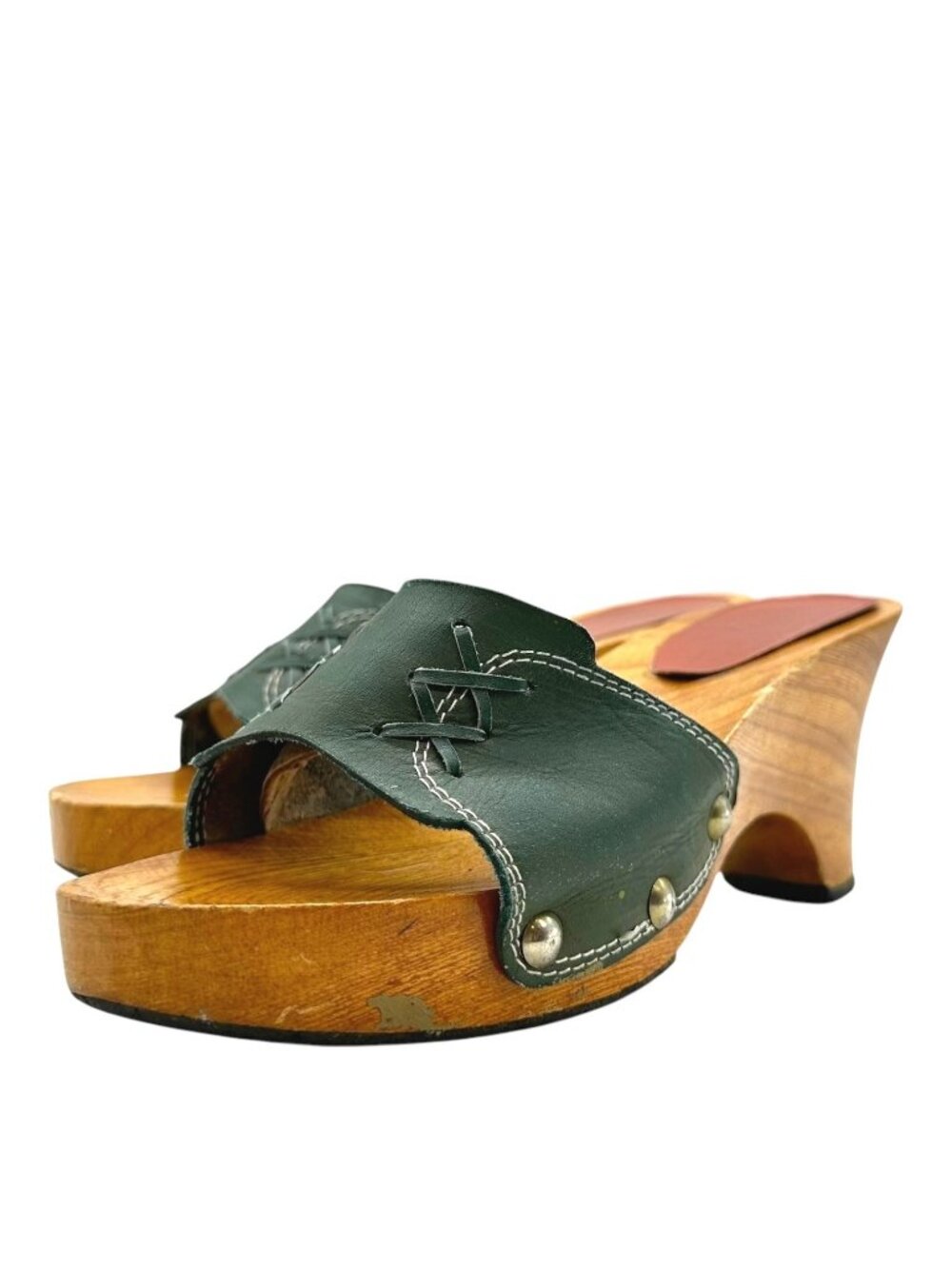 Vintage 70s Mule Wedge Wooden Heel Sandals 6 Coquette Y2K Platform Wood Boho